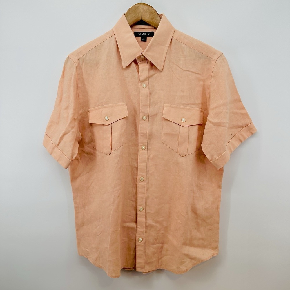 Brandini‎ 100% Linen Shirt Mens SZ M Peach Short Sleeve Button Up Minimalist